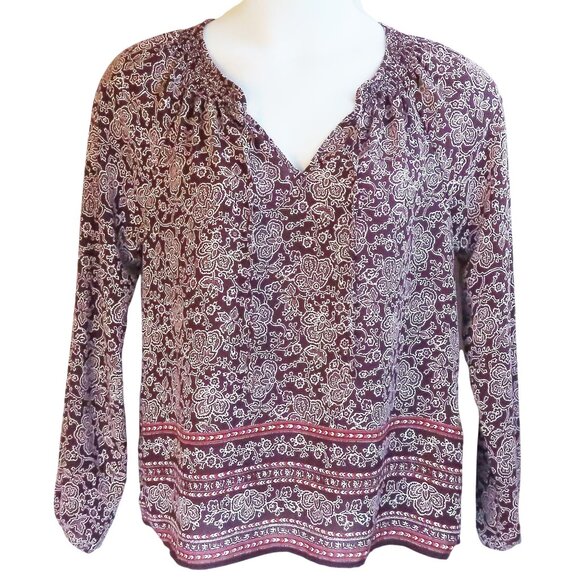 Gap Plum Smock Tie Blouse Womens Long Sleeve M 100% Polyester Paisley Print EUC - Picture 1 of 14